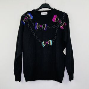 Vintage Jessica Roberts Women's Large Ugly Sweater Beaded Sequins Bows Black NOS